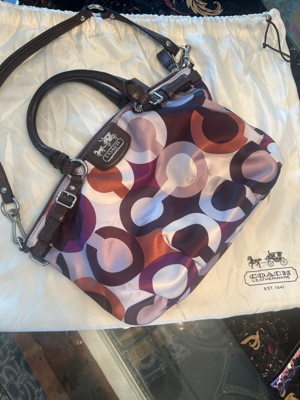Coach Multicolor Circle Print Satchel in Purple, Orange and Brown